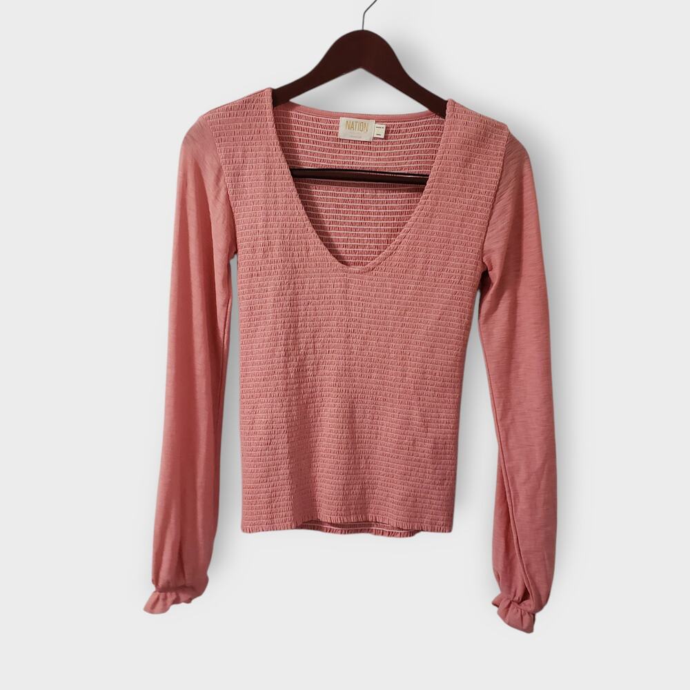 Revolve Nation Ltd Pink Bunny Smocked Long Sleeve Tee XS Ruffles Puff Sleeve